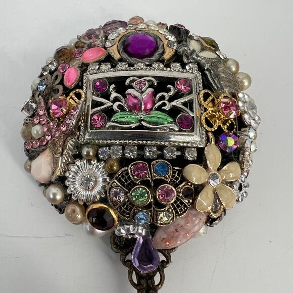 Handcrafted Bejeweled Handheld Mirror Miniature Ladies Mosaic Jewelry Beveled 5" - Picture 2 of 12
